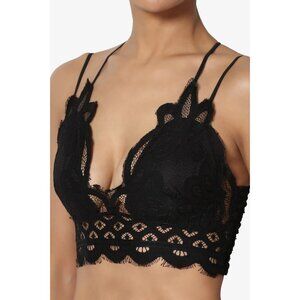 Crochet Lace Bralette Removable Pads Cross Back Adjustable Strap Wirefree BLACK
